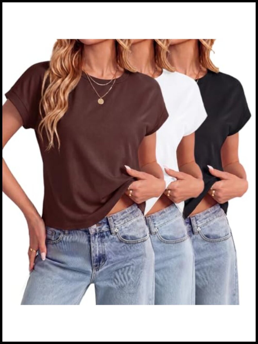 Women's 3 Pack Cap Sleeve Crew Neck Crop Tops Basic Tee
